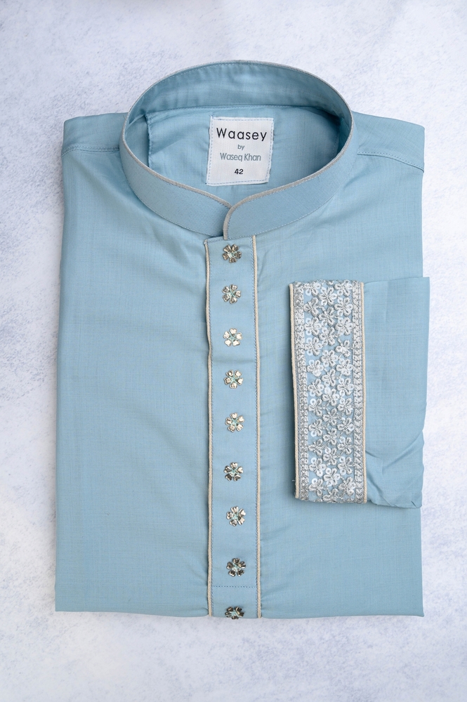 Sky Blue Classic Panjabi with Crystal Embellishments